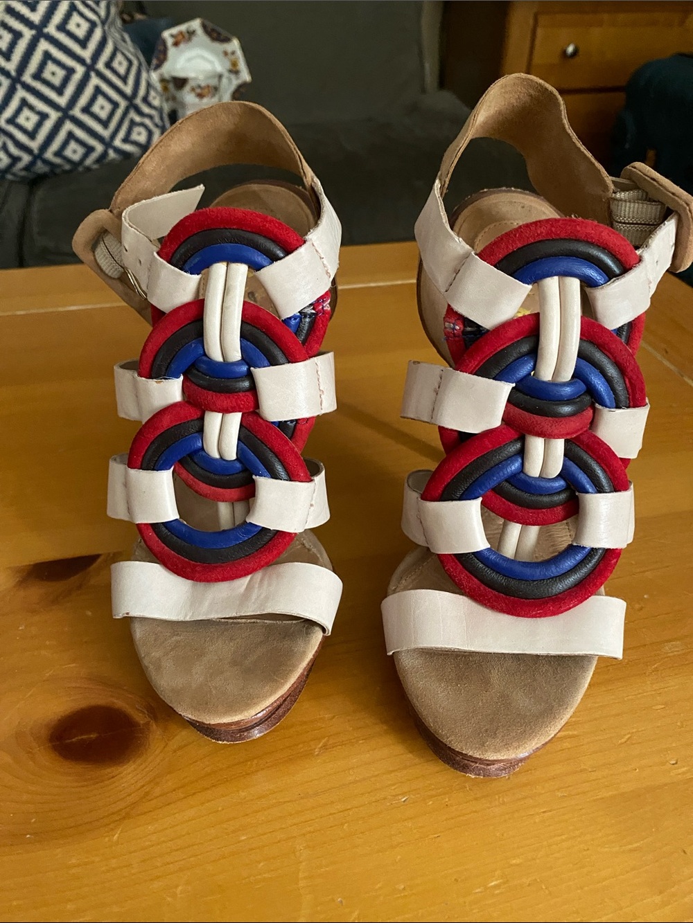 L.A.M.B. Women’s White Sandals with Red & Blue Ring Accents